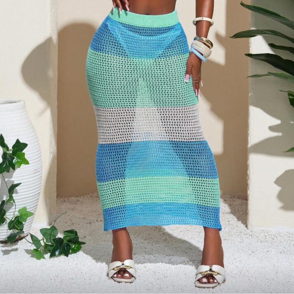 Blue, Green & White Knit Skirt Beach Coverup